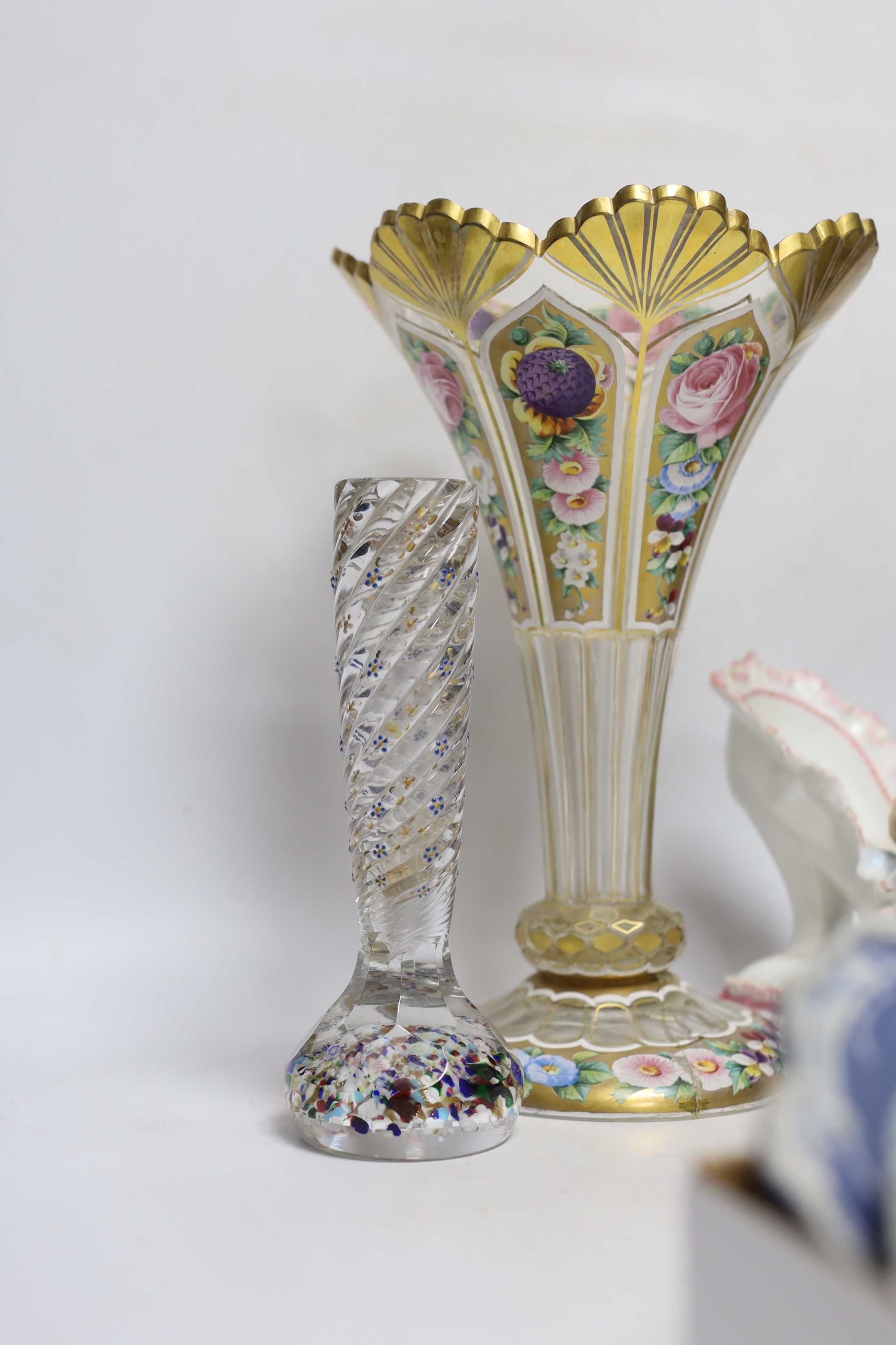 A Bohemian enamelled glass vase, with mixed 19th century and later English and continental pottery